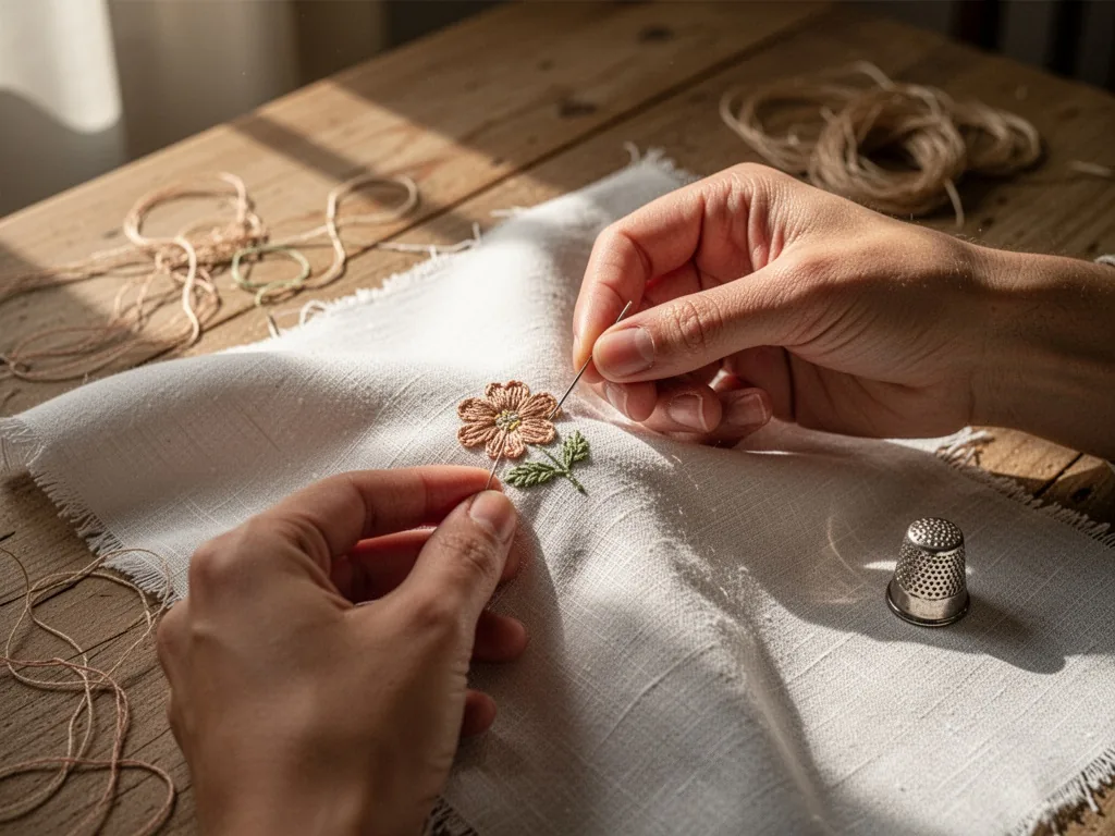 Close-up of hands threading a needle through a small embroidered flower on white linen, morning sunlight streaming acros