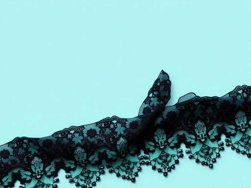 Détail d’une broderie d’art sur un tissu, avec du fil doré et des perles, posé à côté d’un mètre ruban et d’une bobine de fil.