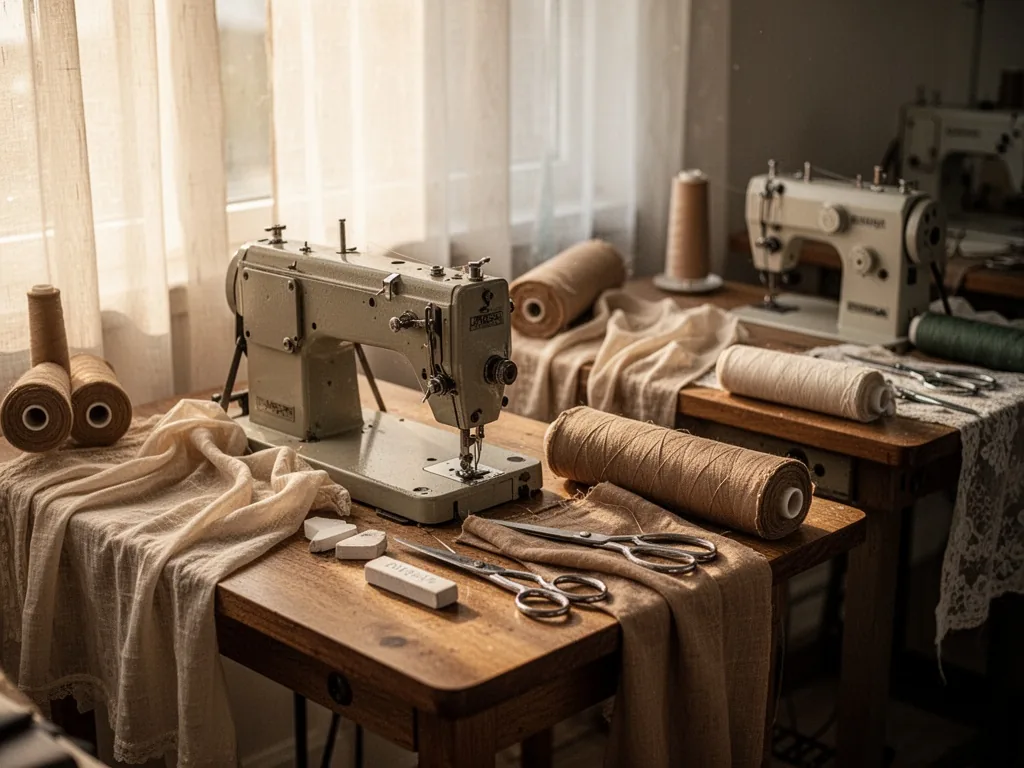 Three sewing machines on wooden tables, each with a different fabric roll beside it, tailor's chalk and scissors arrange