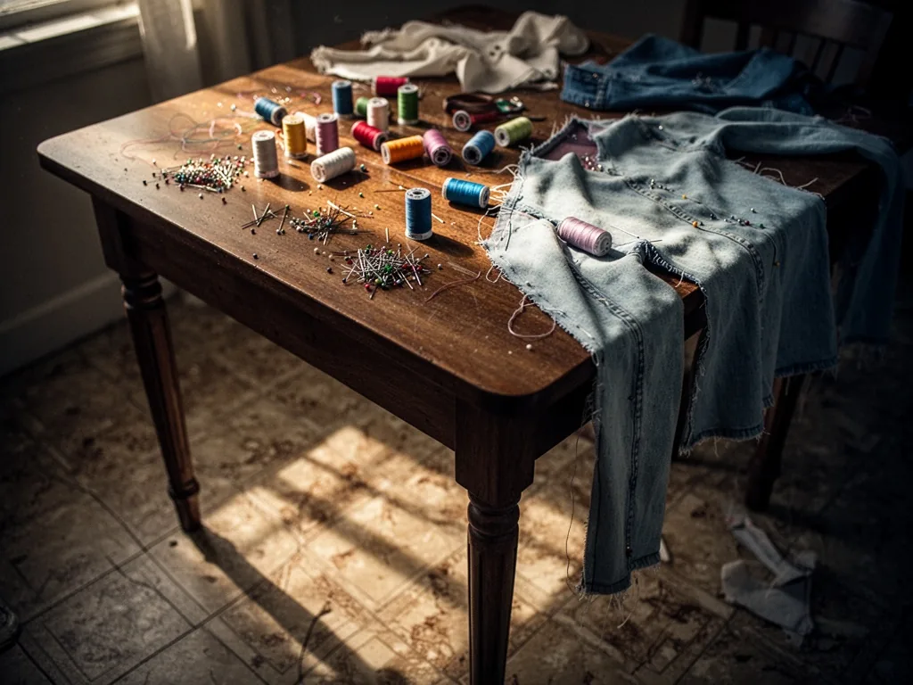 A wooden sewing table scattered with pins, thread spools, and a half-finished garment, soft window light casting long sh