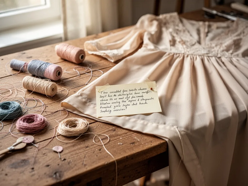 A wooden worktable scattered with sewing threads and a small handwritten customer review note pinned to a freshly hemmed