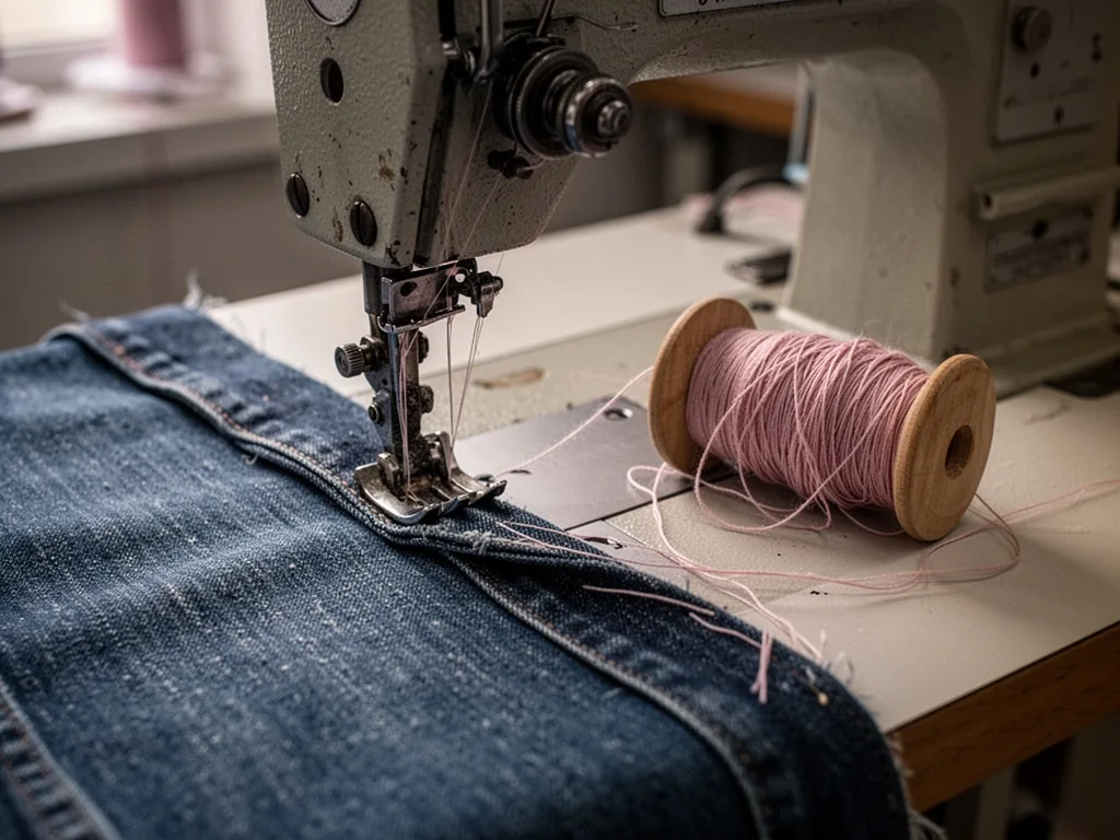 A heavy industrial sewing machine needle piercing thick denim, loose threads coiled around a wooden spool, dim workshop
