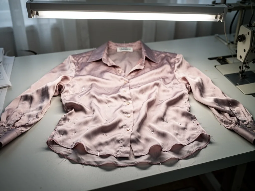 A crumpled silk blouse with a crooked hemline, pin marks visible on delicate fabric, harsh overhead fluorescent light