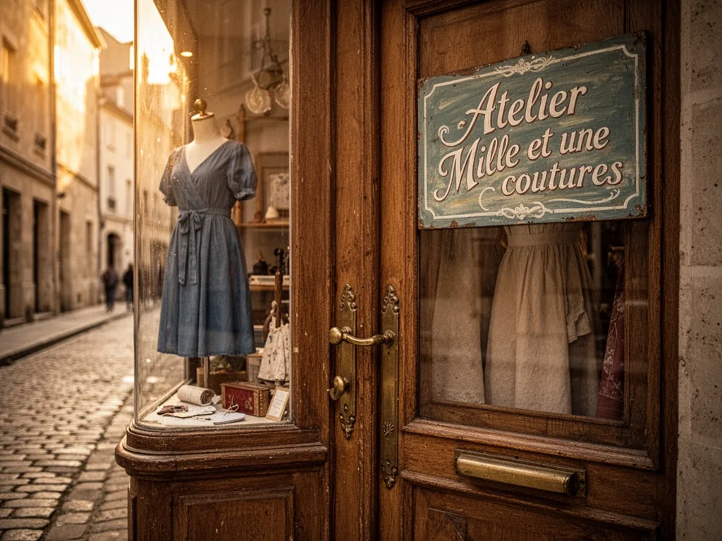A wooden door with brass handle and painted sign 'Atelier Mille et une coutures', vintage display window with a mannequi