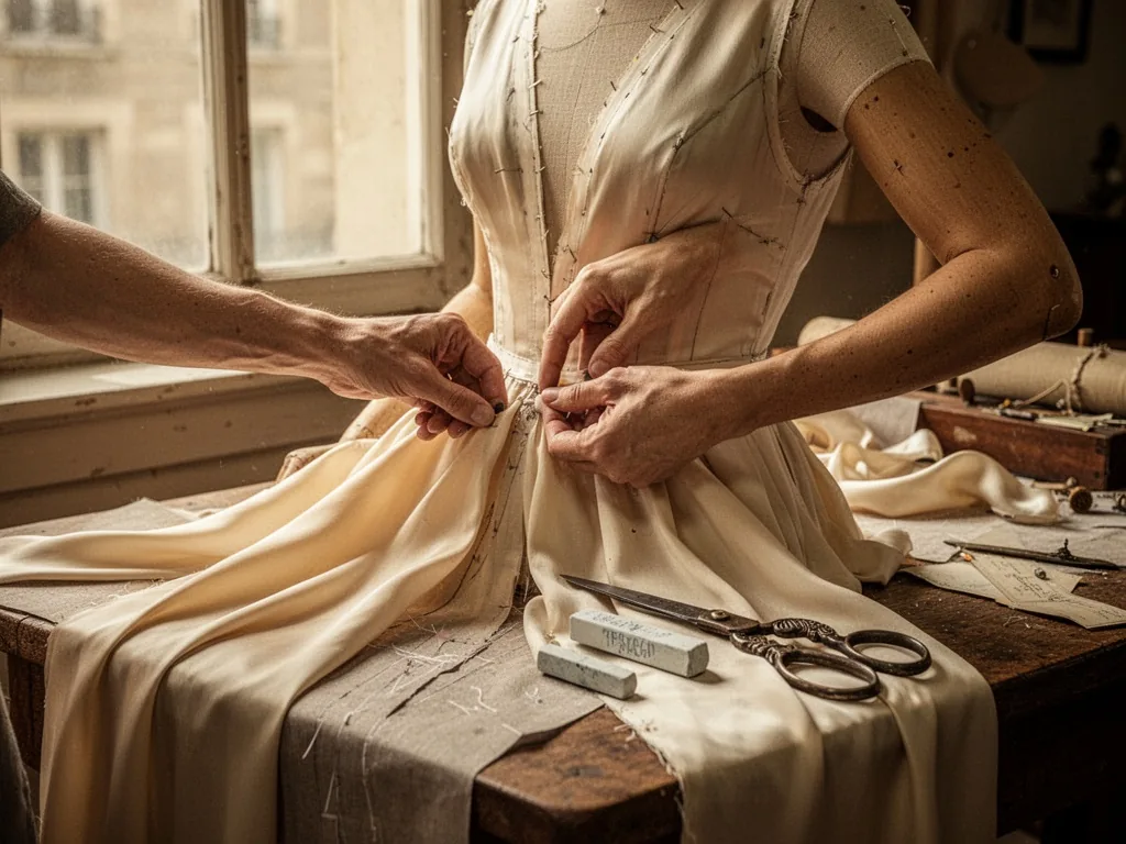 Close-up of hands pinning a cream silk dress on a mannequin, tailor's chalk and antique scissors on wooden table, soft d