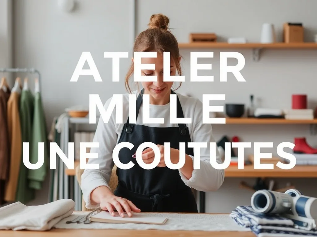 Intérieur d'un atelier de couture avec une machine à coudre, des bobines de fil colorées et des pièces de tissu.