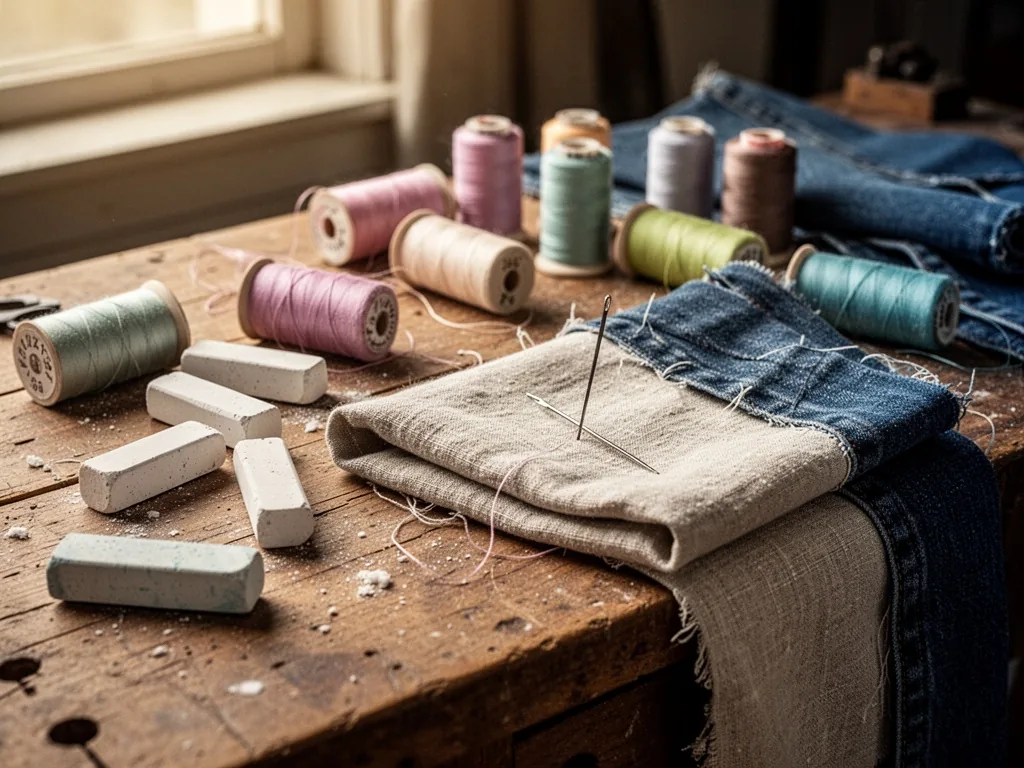A wooden worktable scattered with tailor's chalk, spools of thread in pastel colors, and a single sewing needle piercing