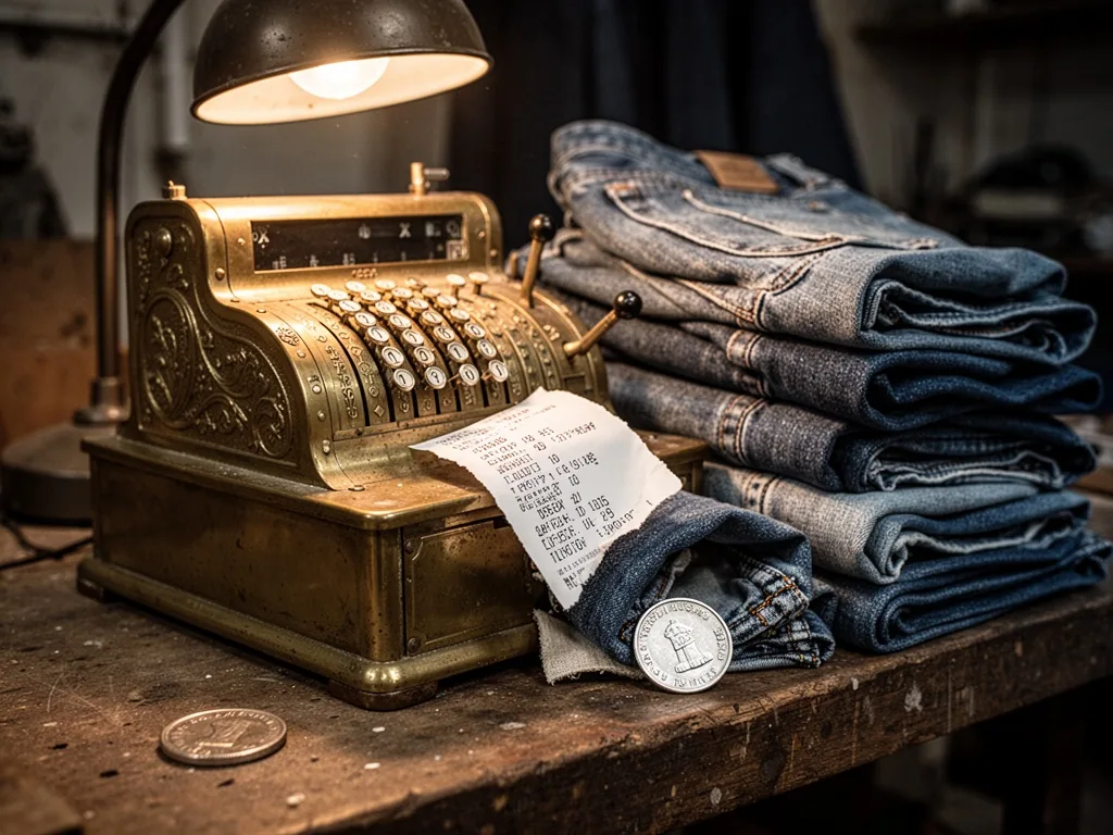 A brass cash register with a torn receipt half-buried under a pile of neatly folded denim jeans, a single silver coin on