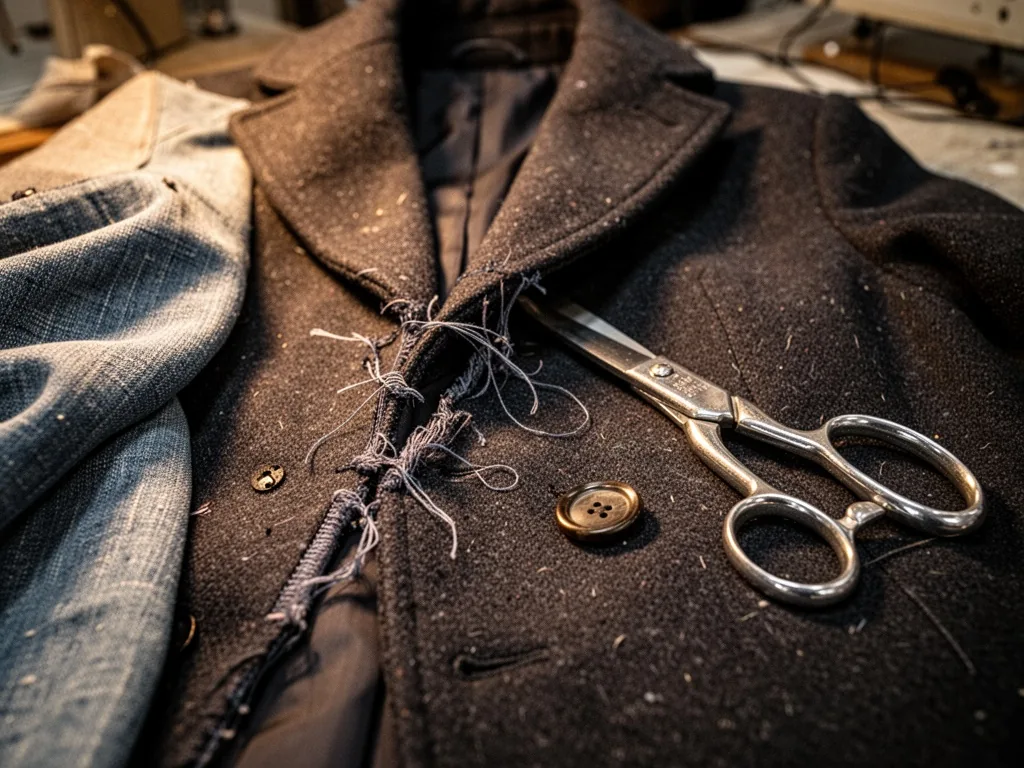 A close-up of a ripped seam on a dark wool coat, loose threads hanging, a pair of silver scissors resting on the fabric