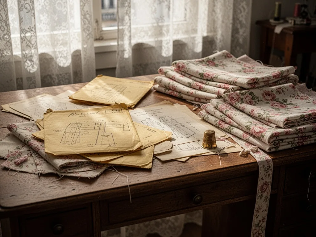 A wooden sewing table scattered with folded floral fabrics, yellowed pattern envelopes, and a small brass thimble, after