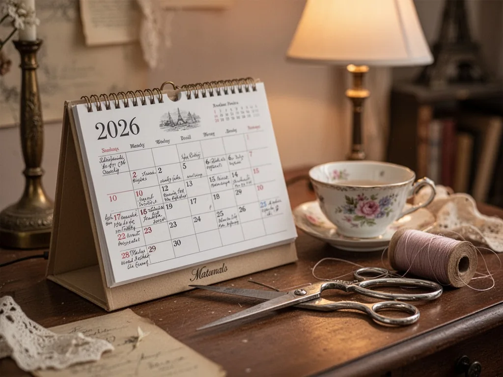 A desk calendar open to 2026, with handwritten notes, a porcelain teacup, and a pair of silver scissors resting beside a