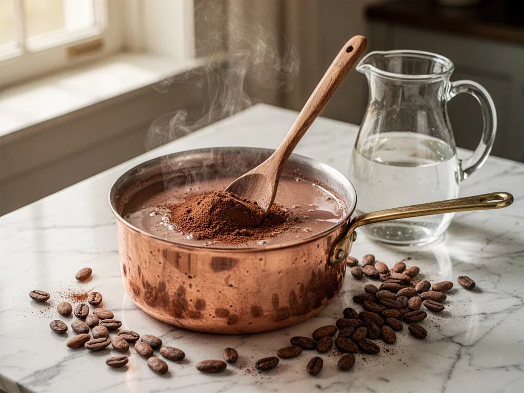 A wooden spoon stirring steaming cocoa powder in a copper saucepan of water, scattered cocoa beans and a glass pitcher o