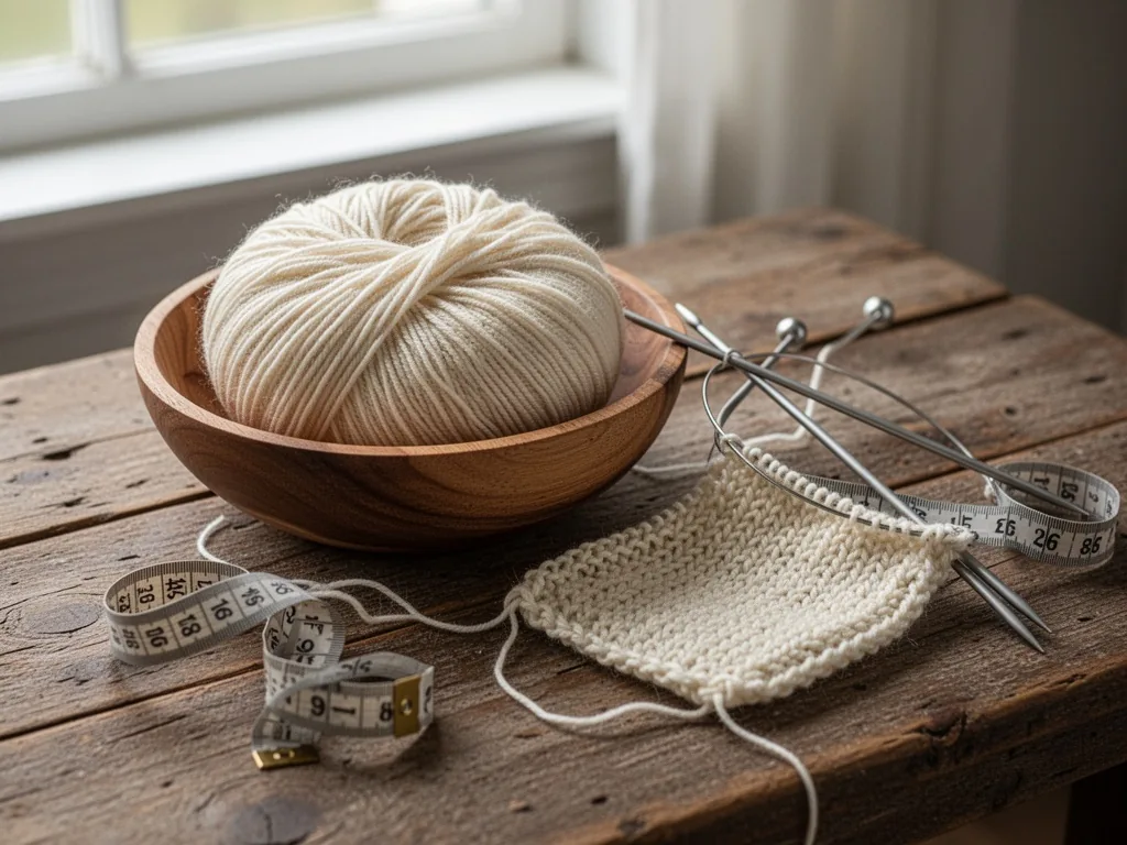 A skein of cream merino wool yarn in a wooden bowl next to circular knitting needles and a measuring tape on a rustic ta