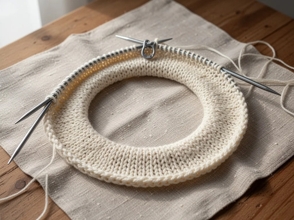A circular knitted piece in stockinette stitch on circular needles, a stitch marker at the start of the round, the fabri