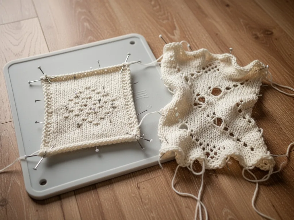 A knitted gauge swatch pinned flat on a blocking mat with T-pins, next to a distorted knitted piece with holes, loose st