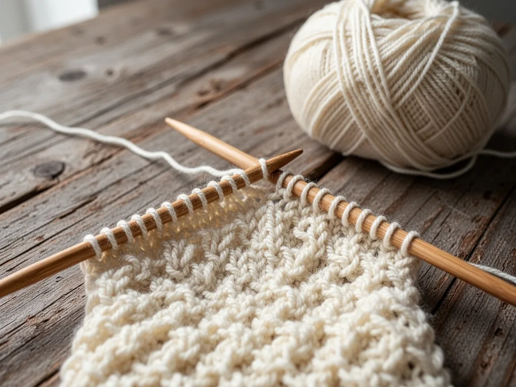 A close-up of cast-on stitches in cream yarn on wooden knitting needles, the start of a textured baby cocoon, a ball of 