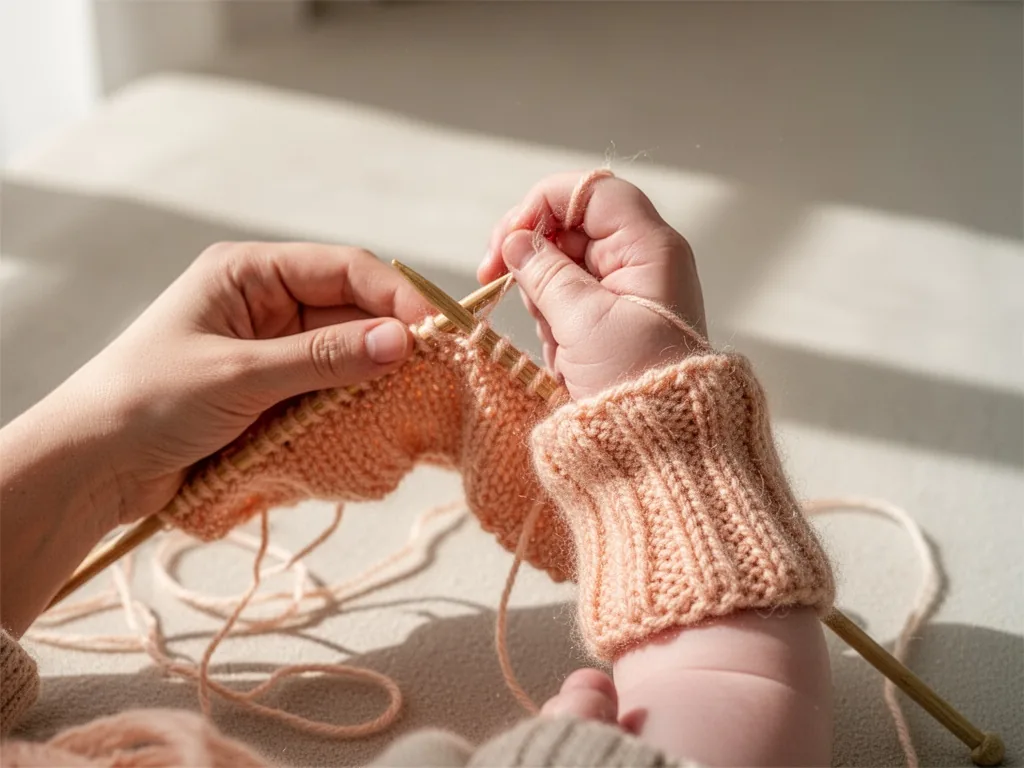 Close-up of a pair of hands casting on stitches with soft peach yarn on wooden knitting needles, baby wrist emerging fro