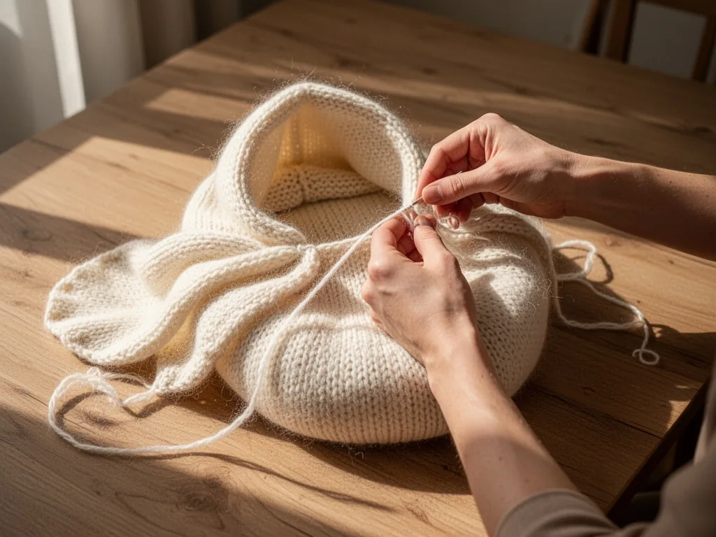 A hand carefully shaping a knitted baby cocoon's hood, fabric draped like a nest in soft cream wool, warm afternoon sunl