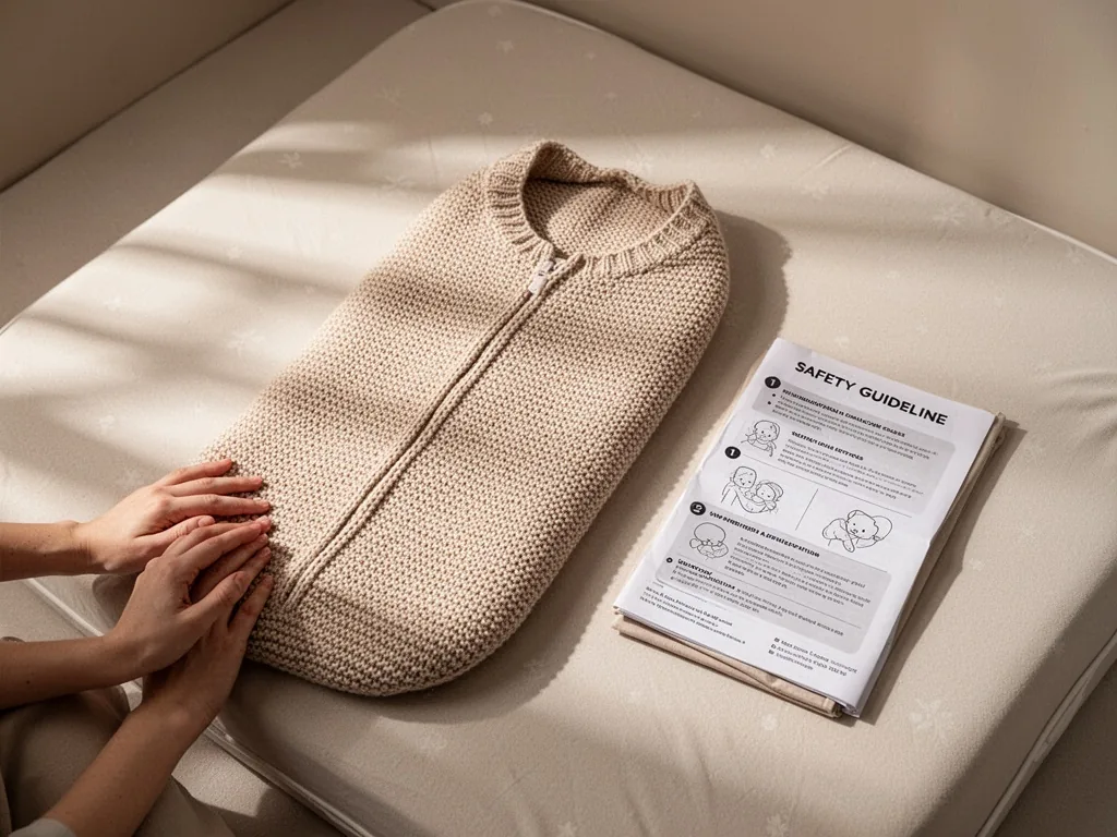 A knitted baby cocoon resting on a flat mattress, a folded safety guideline leaflet beside it, soft shadows, neutral bei