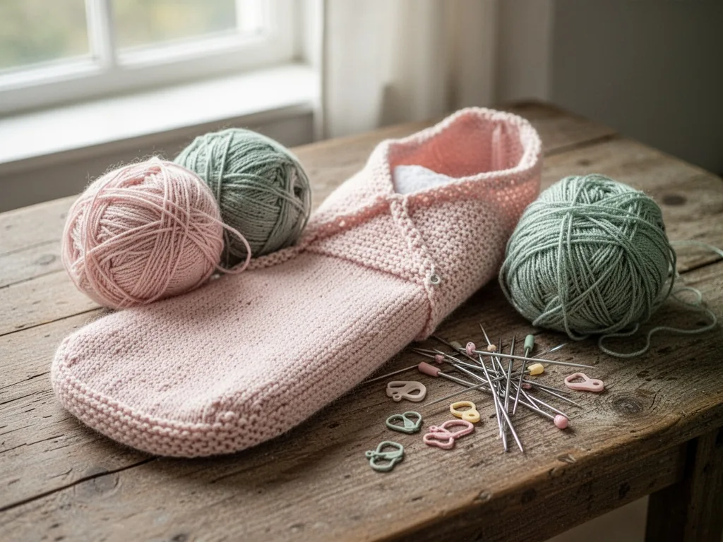 A knitted baby cocoon in pale pink and sage green yarn balls beside it, scattered needles and stitch markers on a rustic