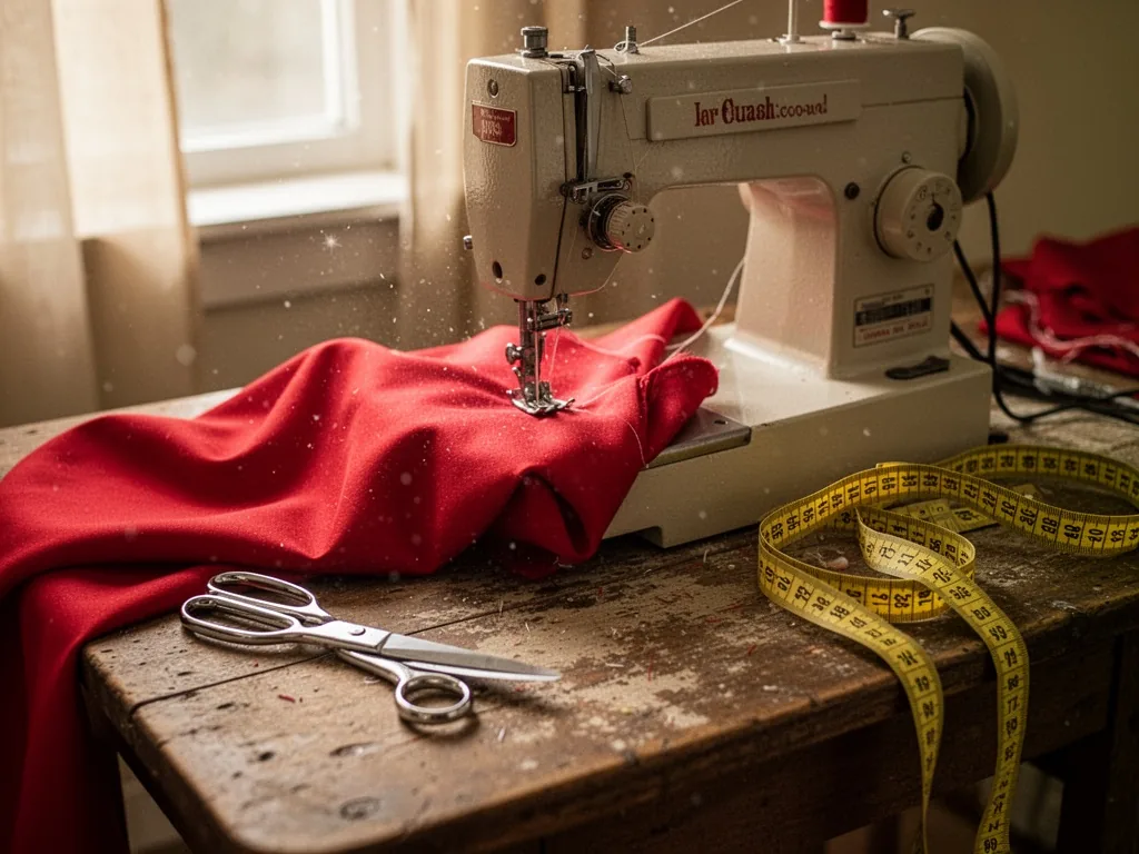 A sewing machine with a bright red fabric tucked under the needle, silver scissors and yellow measuring tape on a worn w