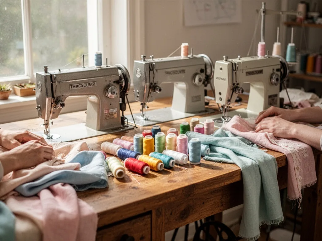 A wooden sewing table with three vintage sewing machines in a row, colorful spools of thread, natural light from a windo