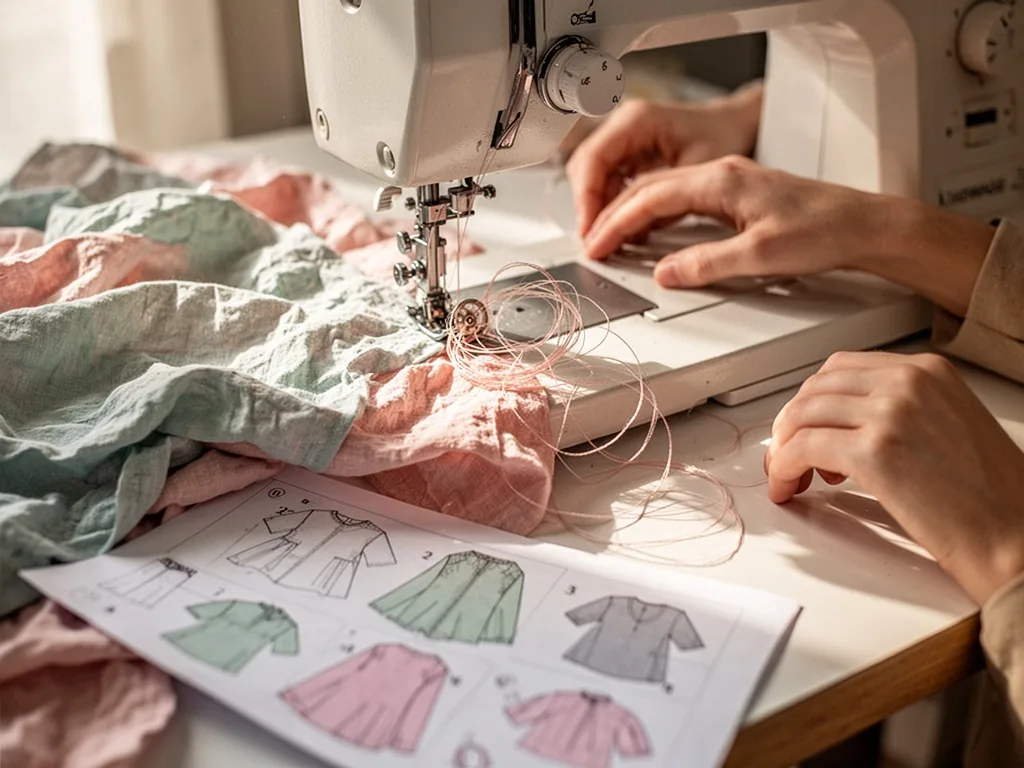 A sewing machine needle piercing crumpled fabric, tangled thread looping around the bobbin, loose pattern paper sliding