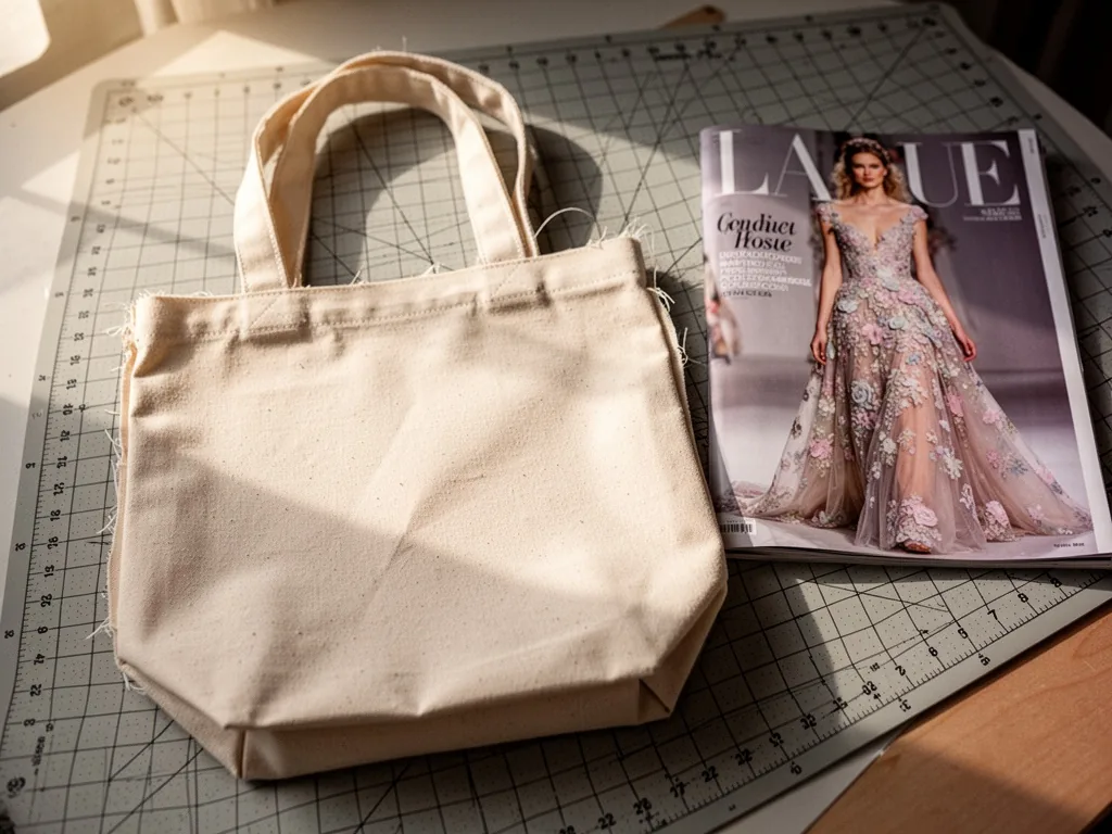 A beginner's half-finished tote bag in plain cotton, resting on a cutting mat, next to a folded fashion magazine showing