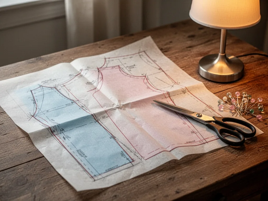 A sewing pattern tissue paper sheet spread on a wooden table, with red traced lines, a pair of scissors and glass-headed