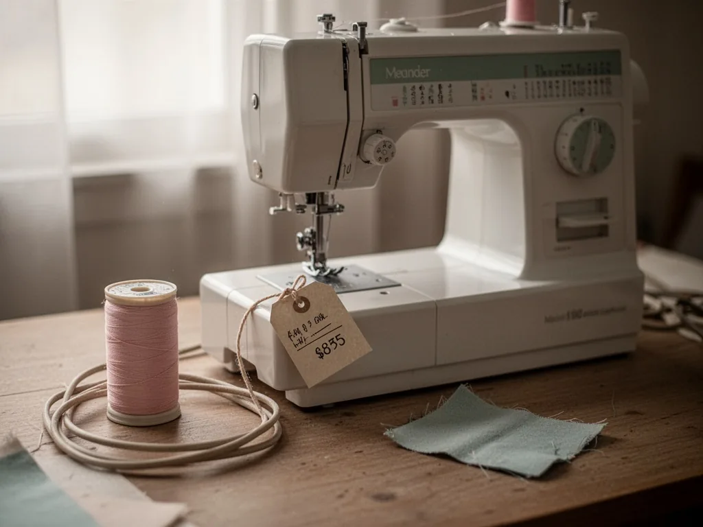 A sewing machine with a small price tag tied to its power cord, next to a spool of thread and a single fabric scrap, dif