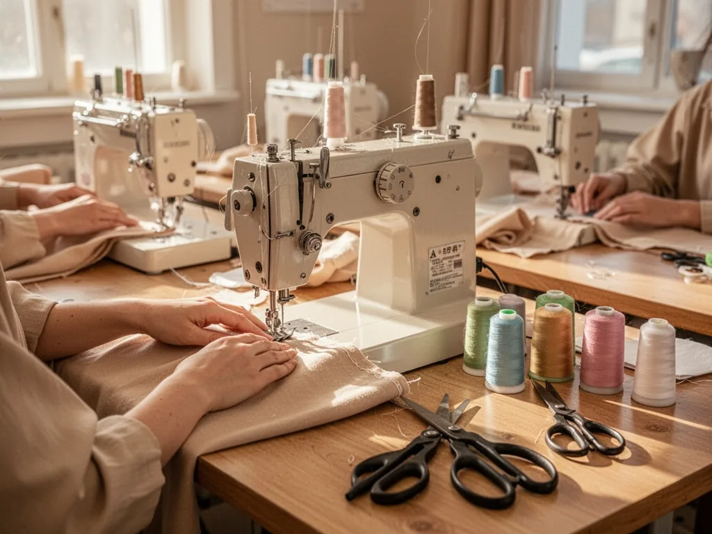 Multiple sewing machines lined on wooden tables, hands of students guiding fabric under needles, spools of thread and sc