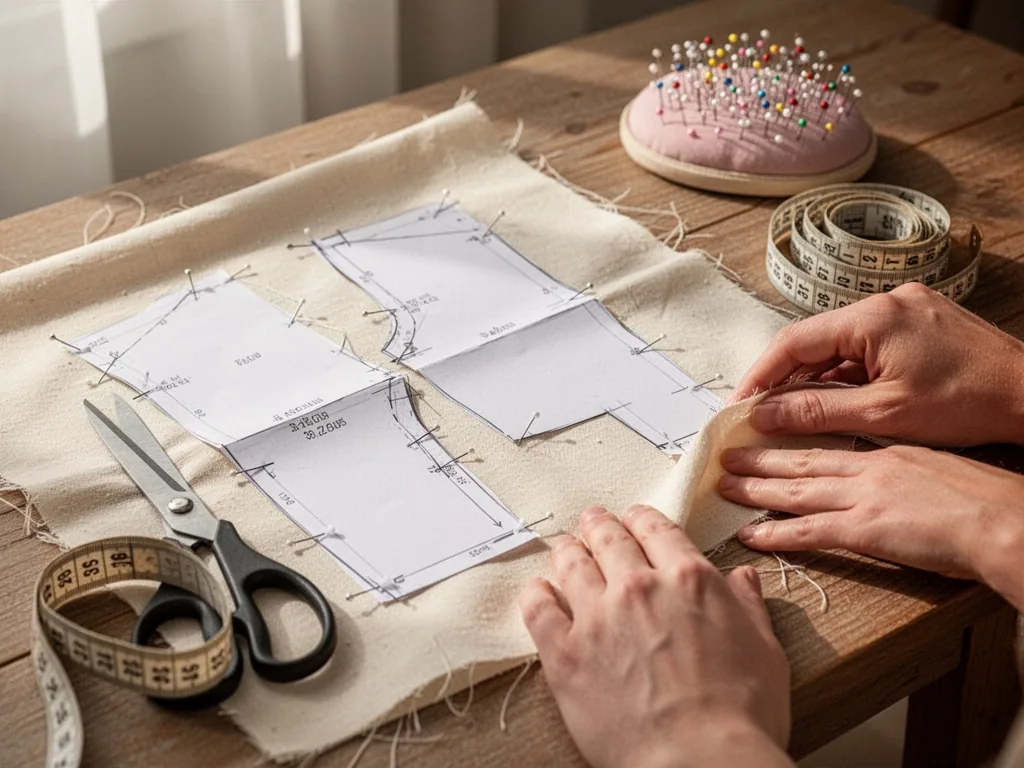 A simple cotton fabric with pinned paper pattern pieces, fabric scissors beside, measuring tape curled, a hand smoothing