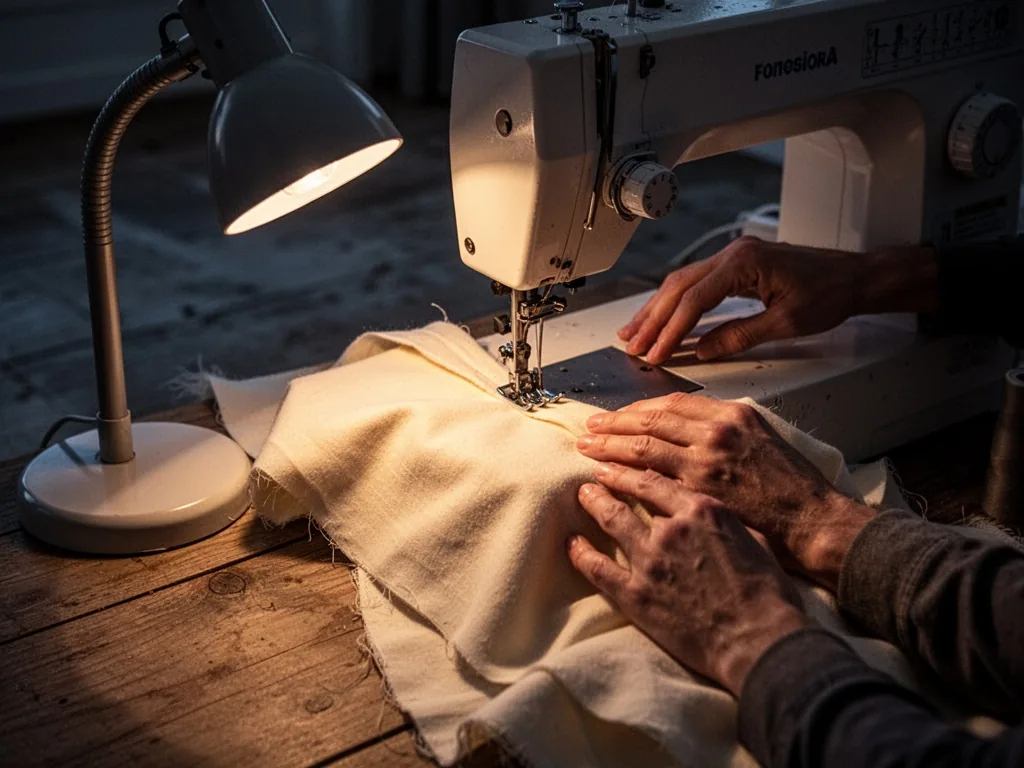 A sewing machine needle piercing cream cotton under a desk lamp, hands guiding fabric, evening shadows on wooden floor,