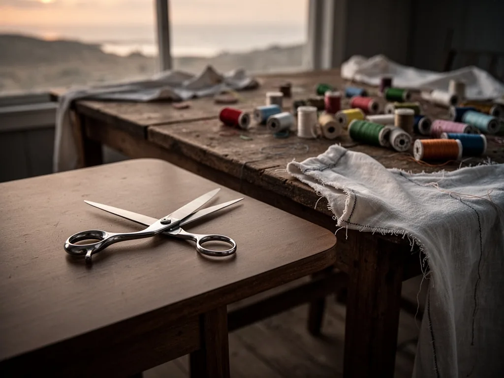 A pair of silver scissors on a solitary table next to a communal table with scattered thread spools and a half-finished