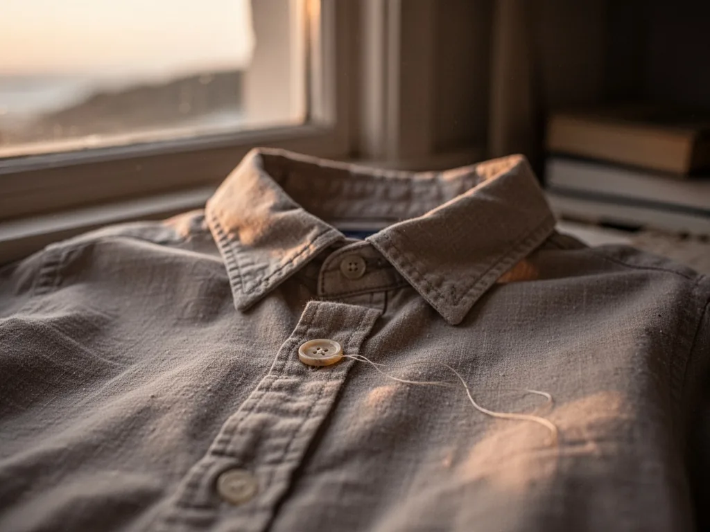 A finished shirt with a slightly misaligned button and a loose thread trailing off, soft daylight through a window, calm
