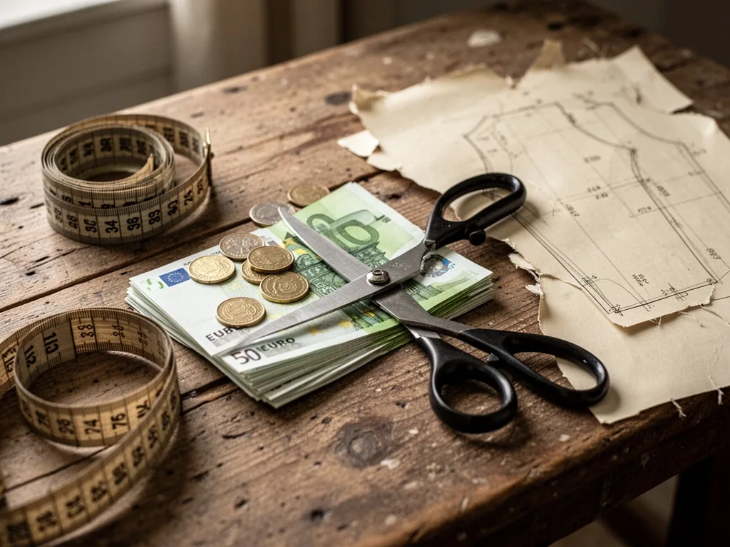 A pair of tailor's scissors cutting a stack of euro banknotes and coins on a worn wooden table, beside a rolled measurin
