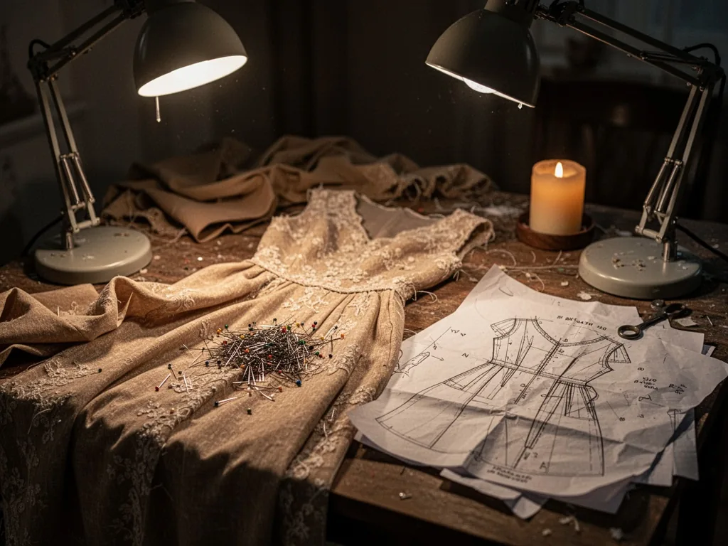 A messy sewing table with scattered pins, a half-finished dress, and crumpled pattern paper, under a desk lamp's warm gl