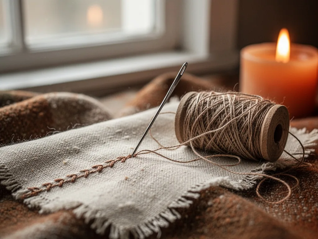 A close-up of a needle piercing fabric with precise stitches, contrasting with a tangled thread spool nearby, soft dayli