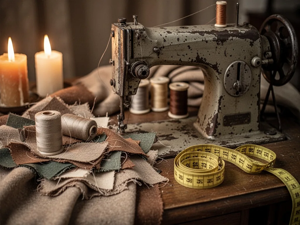 A worn sewing machine with thread spools, a pile of fabric remnants, and a measuring tape coiled, hinting at countless h