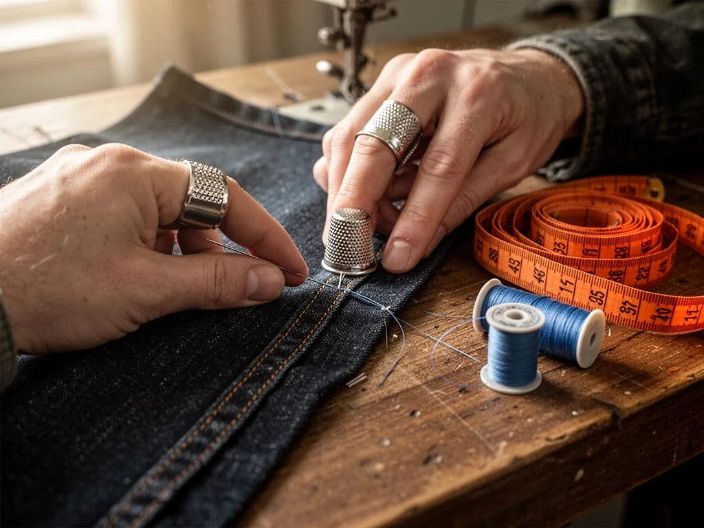 A tailor's hand guiding a needle through dark denim hem, silver thimble on thumb, orange measuring tape and blue thread