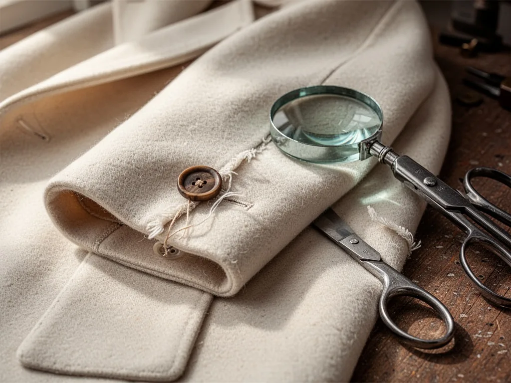 A close-up of a cream wool coat sleeve, loose button dangling by a thread, frayed seam, magnifying glass on fabric, meta