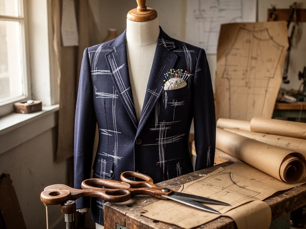 A tailoring mannequin in a structured navy blazer with white chalk marks, pin cushion, heavy wooden scissors on workbenc
