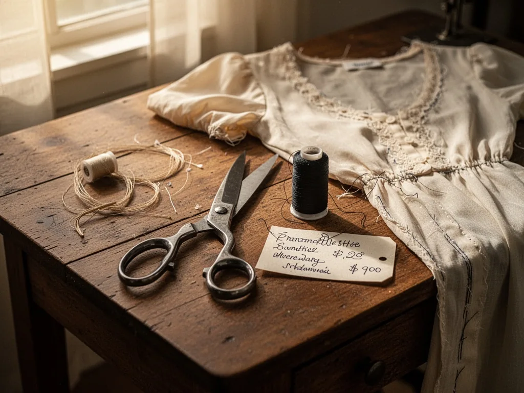 A wooden sewing table with a pair of sharp shears, a spool of black thread, and a handwritten price tag beside a half-fi