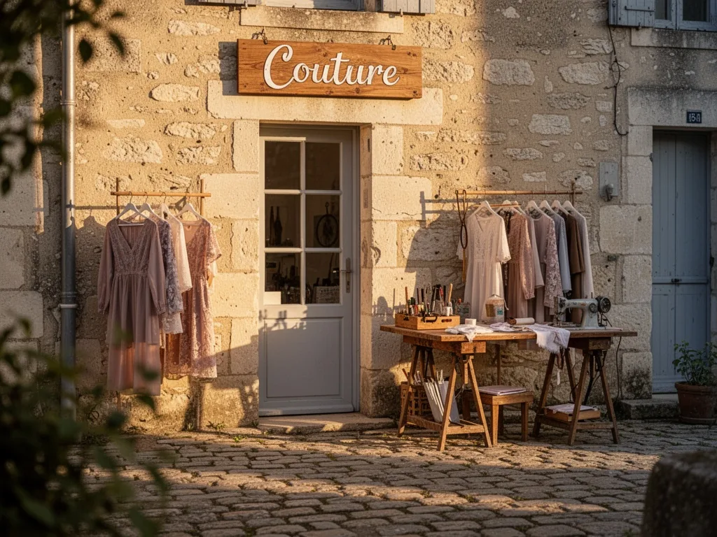 The stone exterior of a small atelier in Châteaubernard, a wooden sign reading 'Couture' above the door, late afternoon