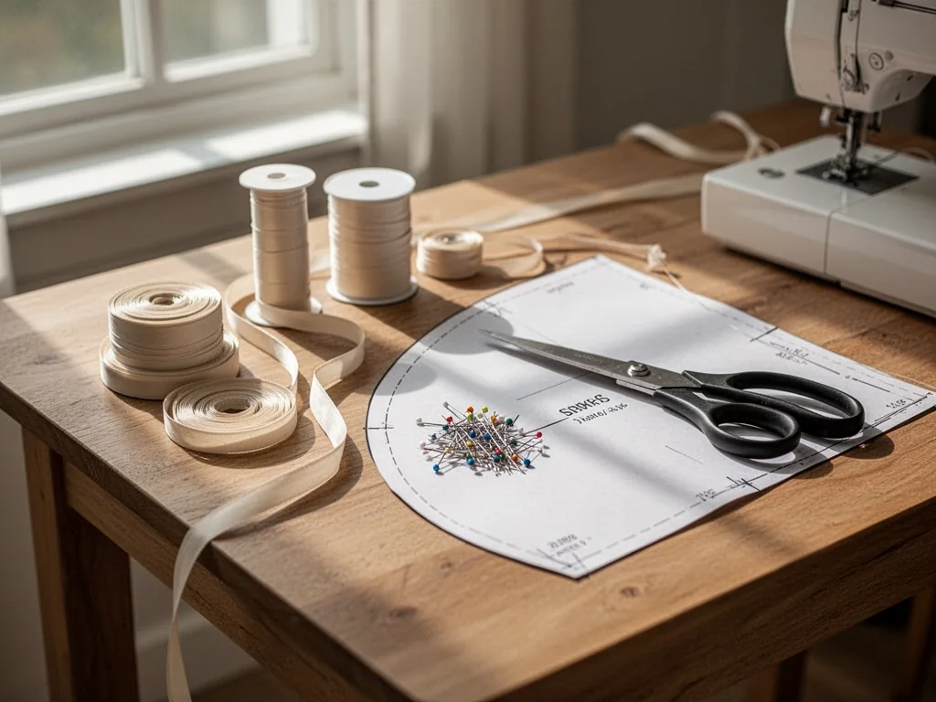 A wooden sewing table with bias tape rolls, fabric scissors, pins, and a curved pattern piece, morning light from a wind