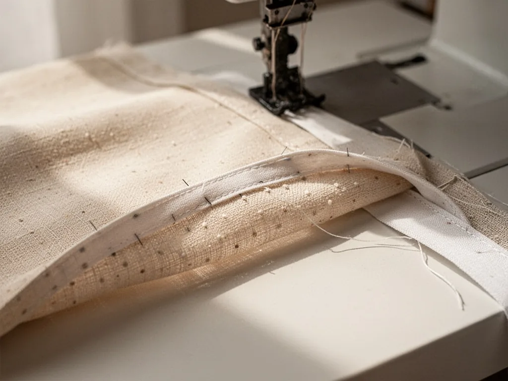 A close-up of a curved fabric hem with bias binding stitched from the underside, only tiny thread dots visible, soft nat