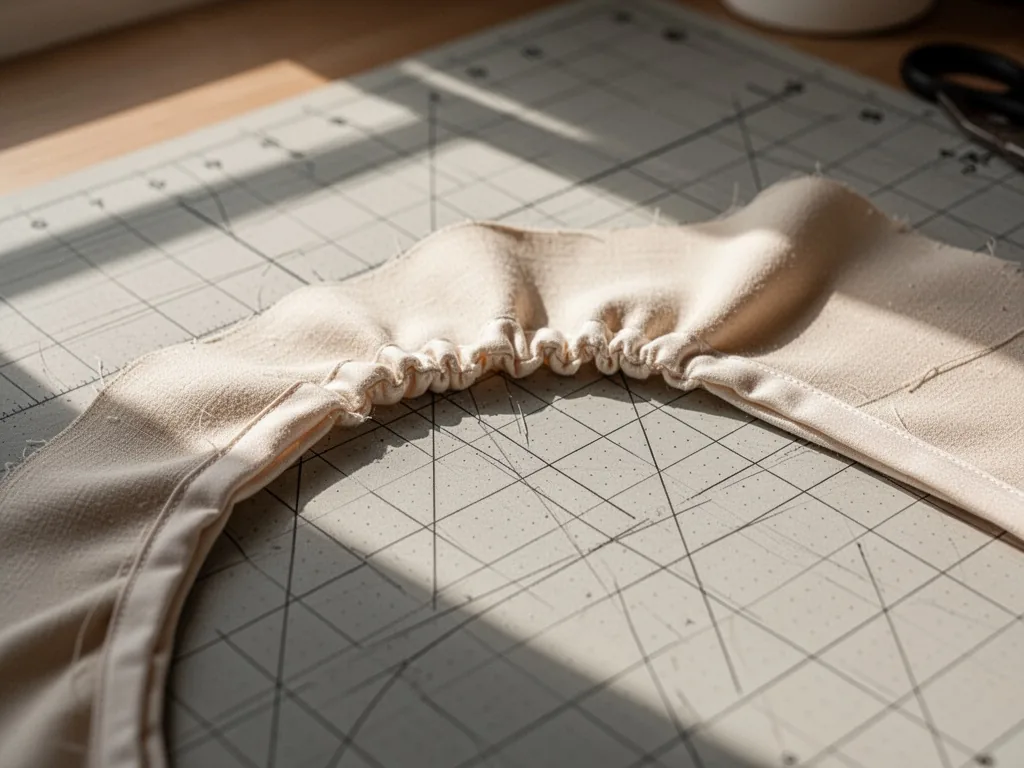 A curved fabric edge with bias binding stretched too tightly, causing small puckers along the inner curve, on a cutting