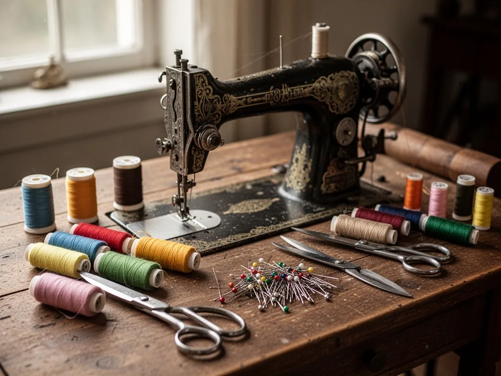 A vintage sewing machine with spools of colorful thread on a wooden table, neatly arranged scissors and pins, soft windo