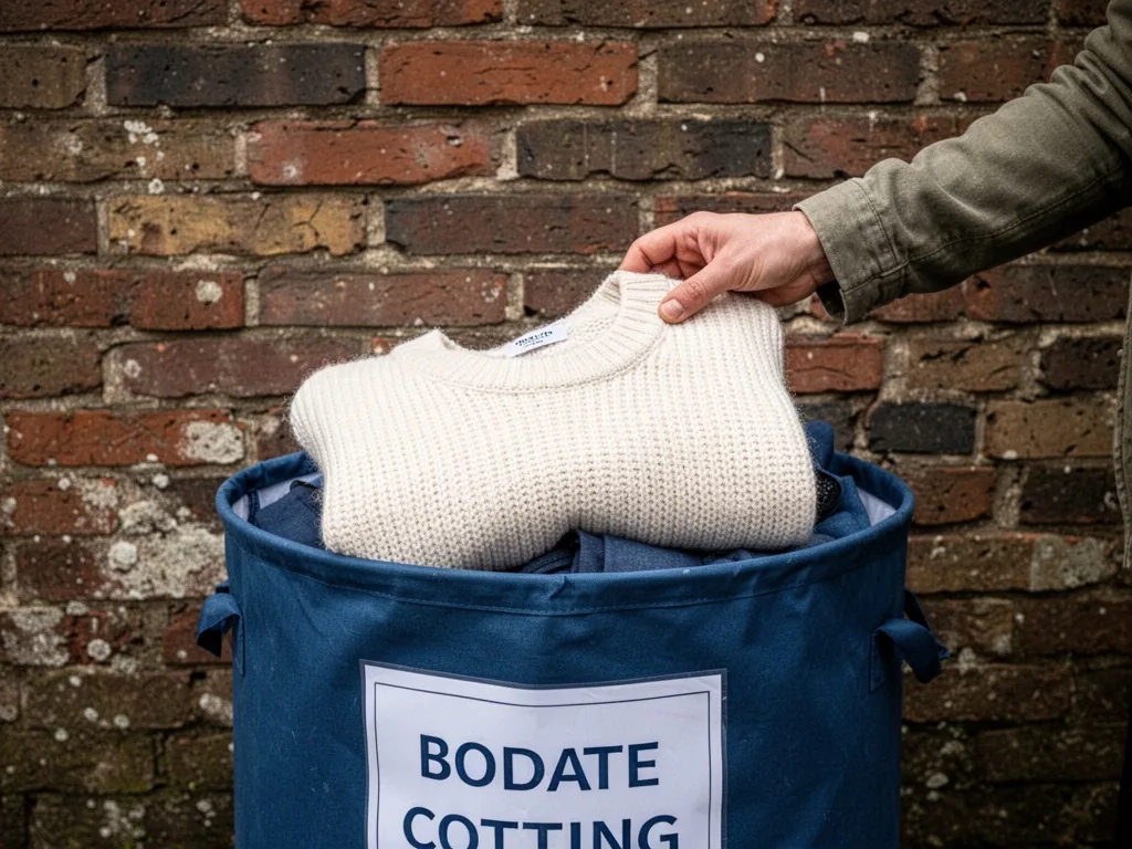 A hand placing a folded cream sweater into a blue textile donation bin against a weathered brick wall, overcast daylight