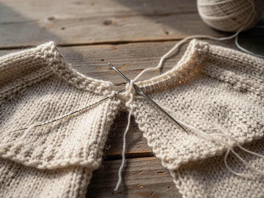 A close-up photograph of two hand-knitted shoulder pieces being joined with an invisible and elastic seam using a tapest